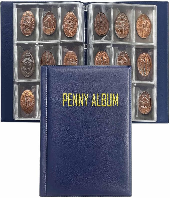 108 Pockets Pressed Penny Collecting Album Book, Portable Smashed Pressed Penny Album Book Holder for Collectors, Suitable for Work or Travel (Blue)