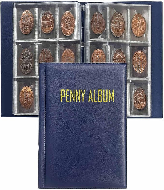 108 Pockets Pressed Penny Collecting Album Book, Portable Smashed Pressed Penny Album Book Holder for Collectors, Suitable for Work or Travel (Blue)