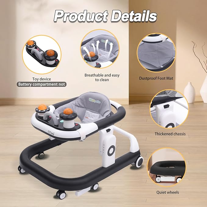 5-in-1 Baby Walker with Wheels Foldable Height-Adjustable Walker for Baby Boy 6-12 Months with Feeding Tray Multi-Functional Activity Center Battery-Free Function (Black)