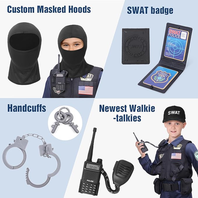 Latocos 15 PCS SWAT Police Officer Costume for Kids with Vest Accessories Cop Dress Up Role Play Set for Halloween Cosplay