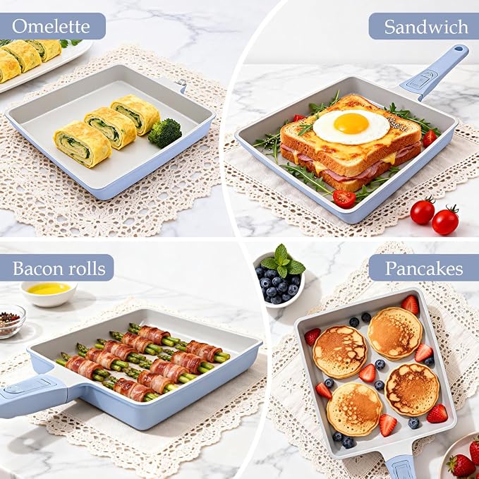 AIKENBBKK Tamagoyaki Japanese Omelette Pan, Japanese Egg Pan, Square Egg Pan Nonstick, Induction-Ready, Detachable Handle, with Silicone Spatula, PFAS & PFOA-Free, Oven Safe, Blue