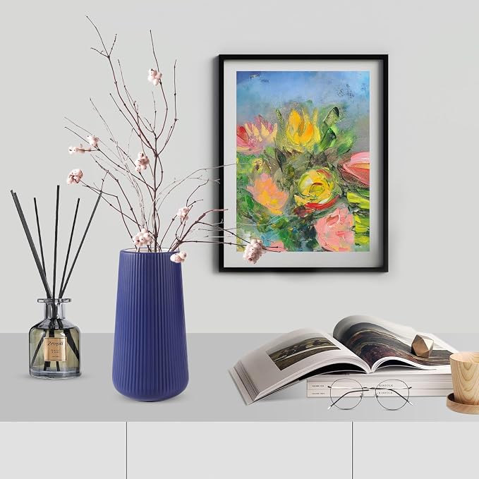 Navy Blue Ceramic Vase, GUKJOB Small Cute Flower Vase for Pampas Grass, Home, Living Room, Dining Table, Farmhouse, Office Decor, Bedroom, Table, and Kitchen Shelf (Navy Blue)