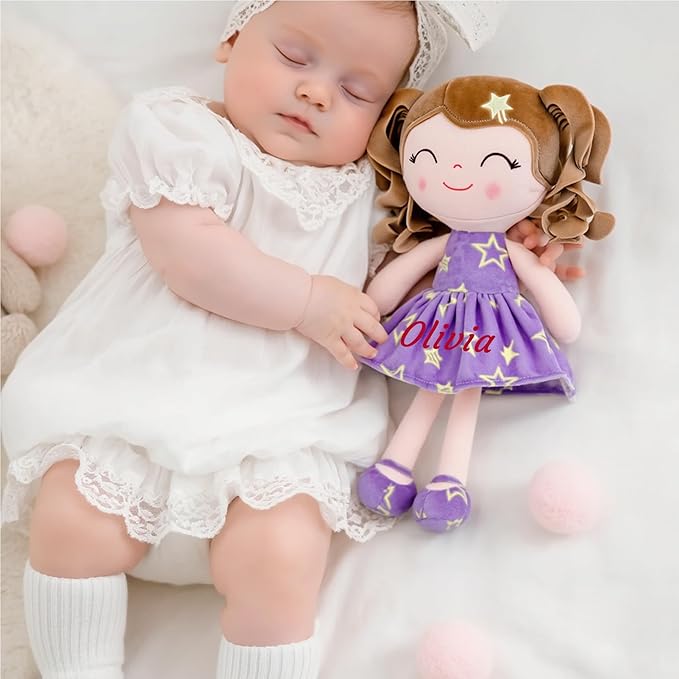 Gloveleya Personalized Baby Doll – Custom Name Rag Doll Gift for Girls | Soft Plush Keepsake Toy | Birthday, Baby Shower & Holiday Present – Purple Stars 12’’