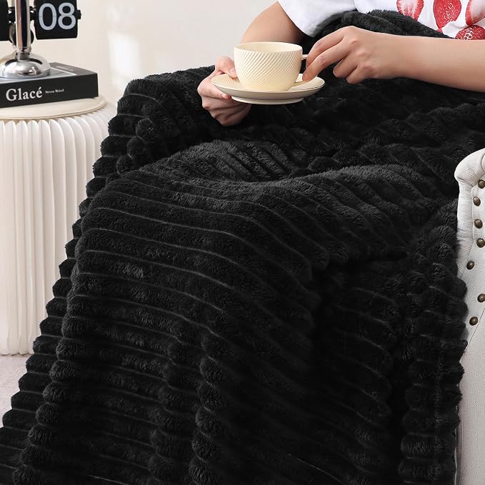 Black Fleece Throw Blanket 108”×90” for Couch Sofa Livingroom | Super Soft Cozy Plush Microfiber Flannel Bed Blanket Striped Design Lightweight Home Decor Gifts for Adults Mom Women