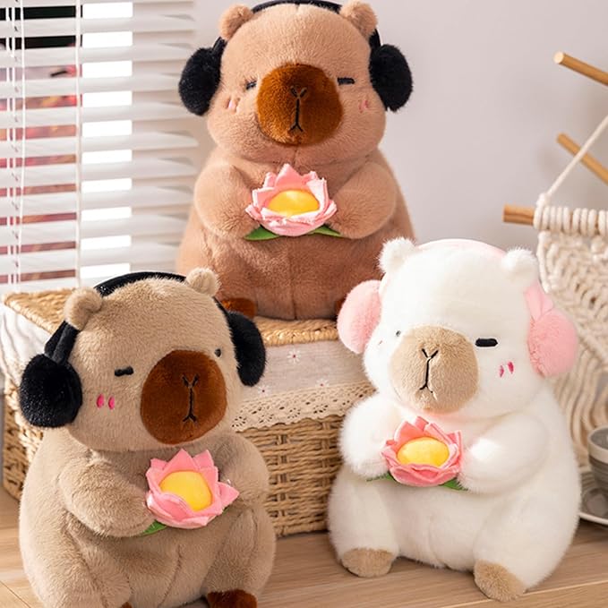 Soft Capybara Plush Doll Pillow with Headphones and Pink Rose, Capybara Stuffed Animal Toy for Kids, Home Decorations Gifts 10 inch