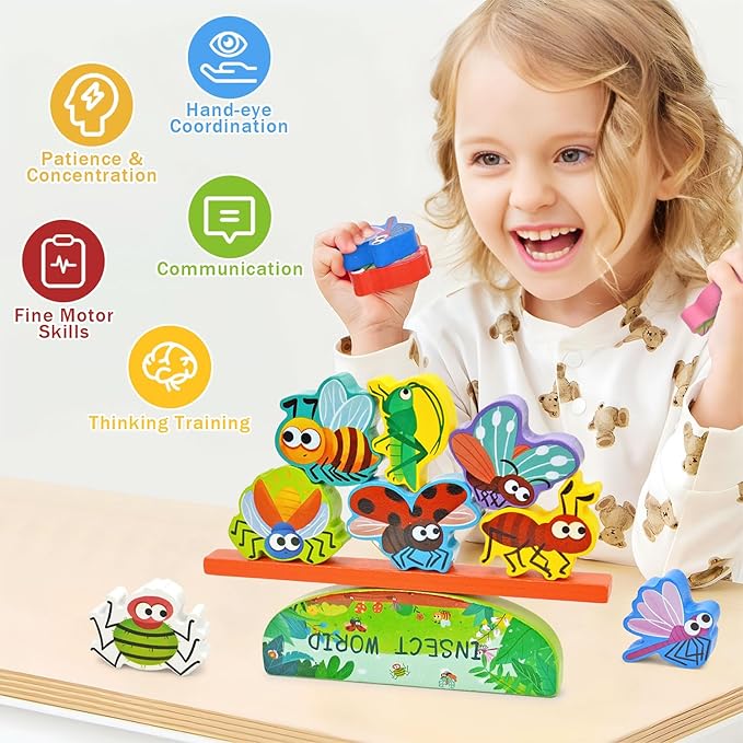 Vileafy Montessori Wooden Insect Toys for Kids Ages 3-5 – Bug Learning Blocks for Storytelling, Pretend Play & STEM Stacking – Educational Toy & Quiet Activities for Boys and Girls