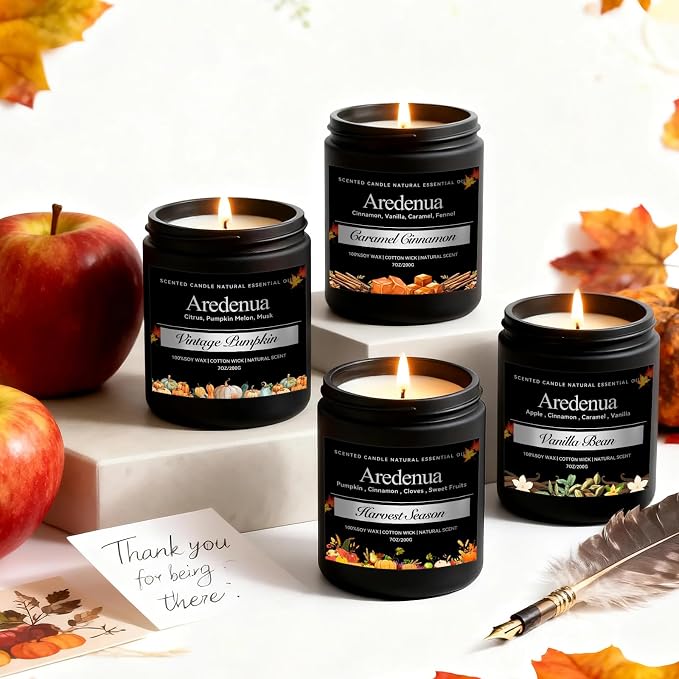 Fall Candles Set – 4pack Autumn Candle Scent of Cinnamon, Vanilla Bean, Harvest Season & Pumpkin - Seasonal Holiday Candles Gift, 28oz Soy Candle for Halloween Home Décor & Cozy Gifting