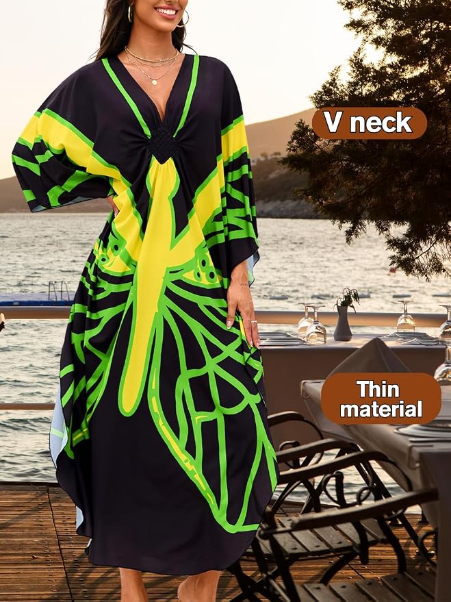 ChiaoLezhee Print Moo-Moos for Women, Kaftan Cover-Up Dresses, Sexy V-Neck High-Slit, Beach Pool-Party Coverups Muumuu Plus
