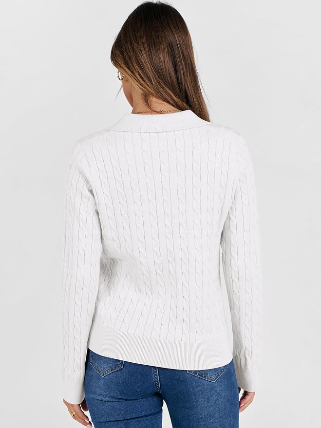 ANRABESS Womens Cable Knit Sweaters Long Sleeve V Neck | Pullover Collared Sweater Tops, Polo Knit Shirts, Business Casual Work, Tennis Golf, Fall Winter Fashion Outfits