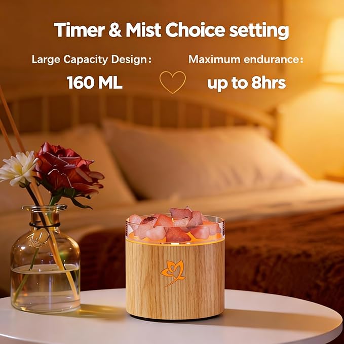 4-in-1 Ultrasonic Crystal Salt Stone Aromatherapy Diffuser & Humidifier - 7-Color LED Dreamy Flame Light, Auto Shut-Off, 2 Modes | Home/Office/Yoga (Wood Grain)