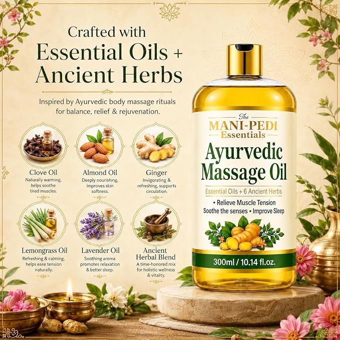 Ayurvedic Oil, Massage Oil with 6 Ancient Herbs with Clove, Almond, Lemongrass & Lavender Oils. Relieves Muscle Tensions, Calms Nerves, Soothes Senses. Organic & Natural - 10 Fl Oz