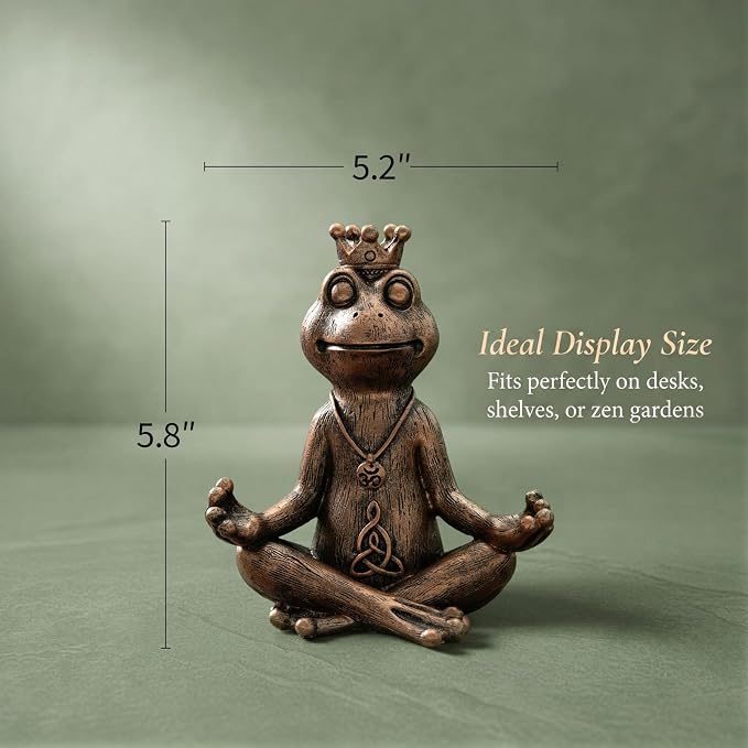 Meditating Zen Frog Statue Decor with Bonus Om Necklace - 5.8" Hand-Painted Resin Figurine - Yoga Room, Office Desk & Shelf Ornaments - Mindful Spiritual Gift for Women & Yoga Lovers(Bronze)