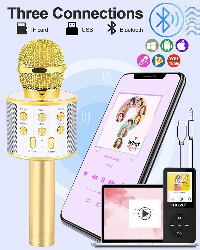 Gifts for 4 5 6 7 8 9 10 11 12 Year Old Girls, Handheld Karaoke Microphone for Kids Fun Toys for 4-13 Year Old Girls Birthday Gifts for 5-13 Year Old Girls Boys Teens - Gold