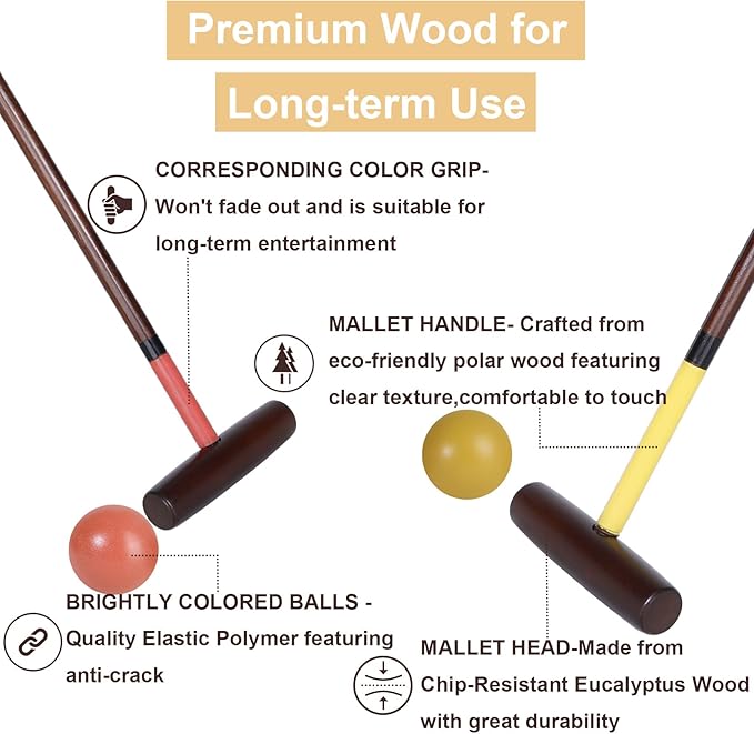 SpeedArmis 8 Players Croquet Set with 32In Regulation | 28In Standard Size Rubber Wood Mallets, Colored PE Ball, Wickets, 21In End Stakes and Bag - Lawn Backyard Game for Teens/Adults/Family