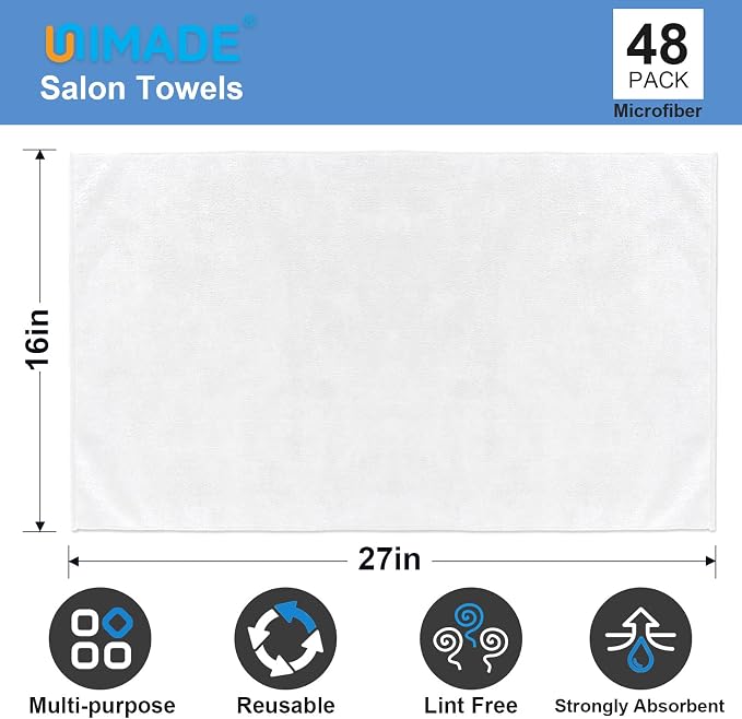UNIMADE 48 Pack Hand Towels Set - Highly Absorbent and Quick Drying Microfiber Gym Towels, Premium Wash Cloths for Bathroom, Salon, Gym, Shower, Hotel, and Spa - 16x27 inch (White)