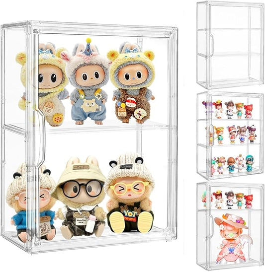 Attelite Acrylic Display Cases for Collectibles, 4 Pack 3 Layer Clear Display Case with Magnetic Door,Dustproof Clear Showcase with 2 Adjustable Divider Storage Box for Action Figure