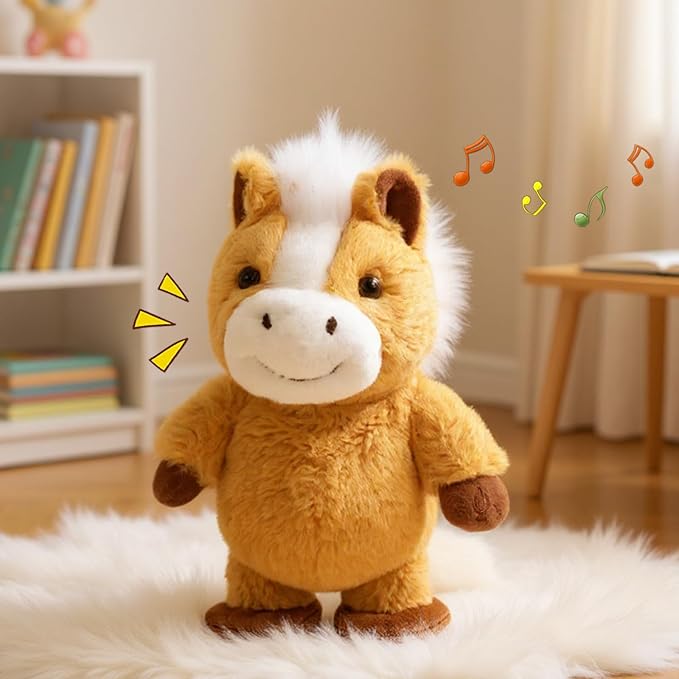 Easfan Talking Pony Repeats What You Say Walking Singing Stuffed Animal Electric Interactive Plush Toy Funny Animated Toy Mimicking Speaking Birthday for Kids Toddlers,9''