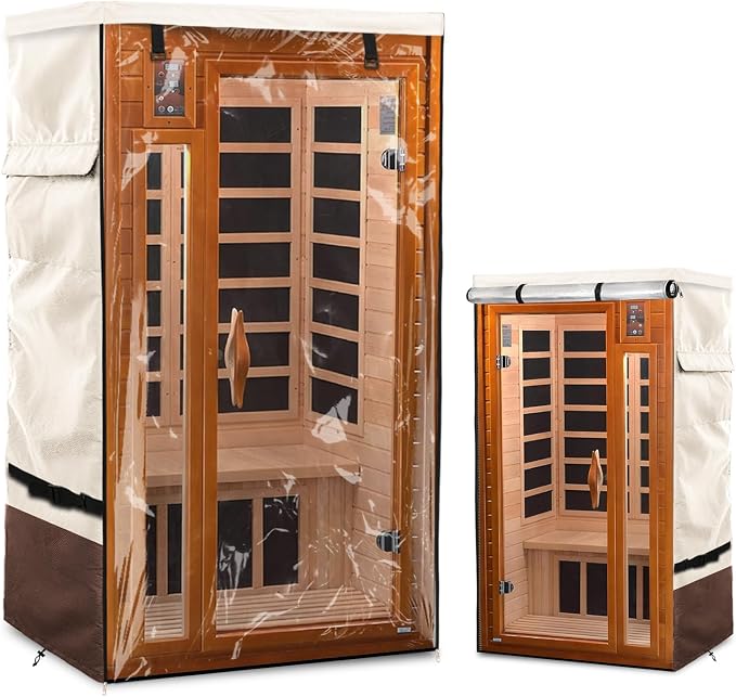 Outdoor Wood Sauna Cover,Sauna Covers with Separate Top Cover for Wood Home Spa Saunas,40" Lx37 Dx73 H with PVC Clear Door Design,Beige&Brown