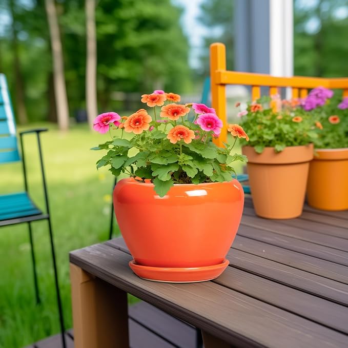 Ceramicfor Ceramic Plant Pot 6 Inch - Ceramic Planter for Indoor Plants Outdoor, Glaze Round Modern Flower Pot with Drainage Hole and Saucer, Gift for Plant Lover, Home Garden Room Decor, Orange