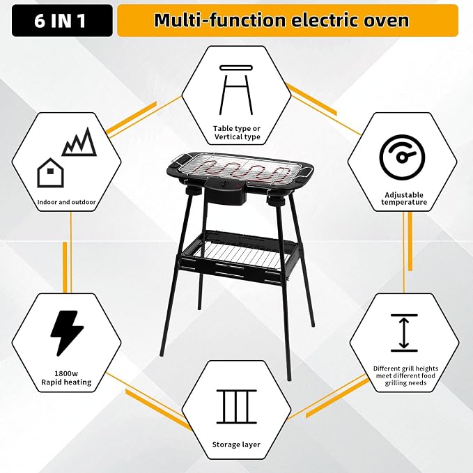 Electric Grill Outdoor Indoor Cooking,Smokeless BBQ,Portable Removeable Stand（301-1）