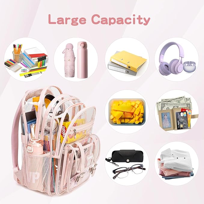 Cusangel Clear Backpack for Girls kids,Pink tpu Heavy Duty 16in Transparent Bookbag for School,Student children Bag Stadium Approved See Through Backpack,Stitch Bag durability