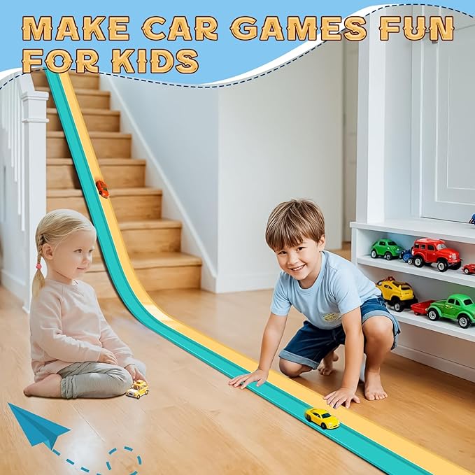 Flex Tracks 15 Ft for Kids Starter Set, Flexible Race Car Ramp Track with Suction Cups Compatible with Hot Wheels and Diecast 1/64th Cars for Ages 3 & Up (Daytona Blue & Yellow)