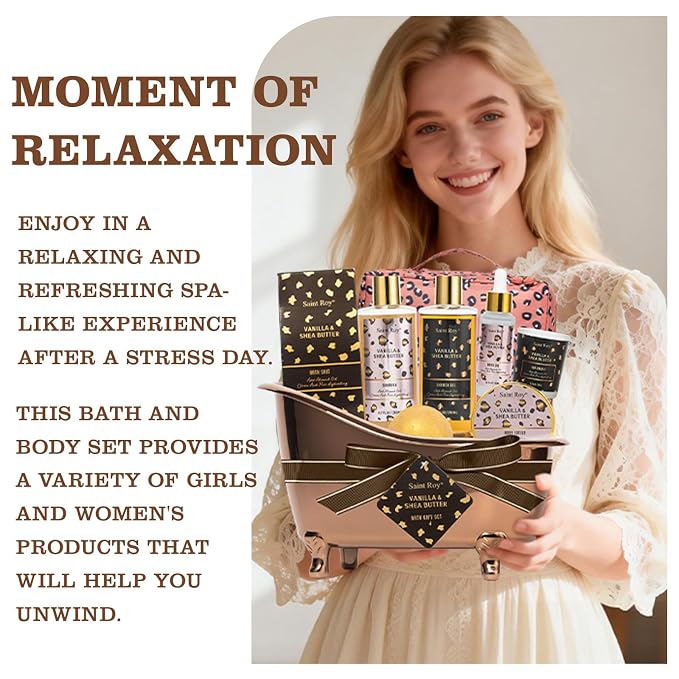 Warm Vanilla Spa Gifts for Women, Spa Bath & Body Gift Basket Skin Care Kit | Home Spa Gift Set, Home Spa Self-Care Kit, Travel Multi-use toiletry bag, Birthday, Christmas, Mother Day, Anniversary Gifts