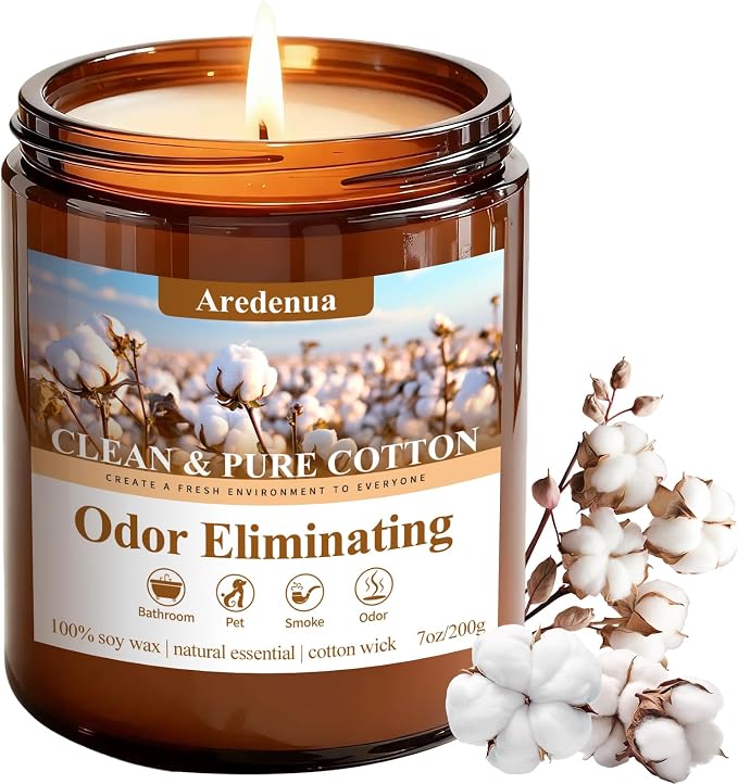 Clean & Pure Cotton Odor Eliminating Candles | Eliminates 95% of Pet, Smoke, Food, and Other Smells – 7 oz Soy Candle for Home Scented - Air Freshing Scented Candles, Up to 50 Hour Burn Time
