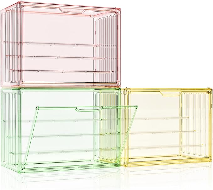 Colorful Figure Display Case for Collectibles 4 Layer Hobby Figurine Display Shelf Cases Stackable Display Boxes with Shelves for Pop Mart, Action Figures, Model, 3 Pack