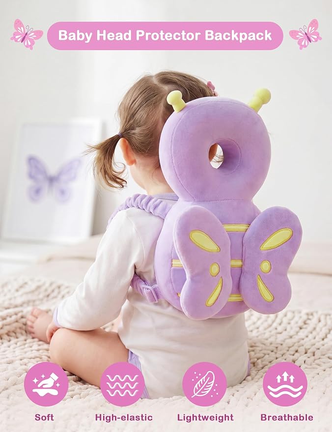 JunNeng Baby Head Protector Backpack, Toddler Walking Fall Head Protection, Purple Butterfly