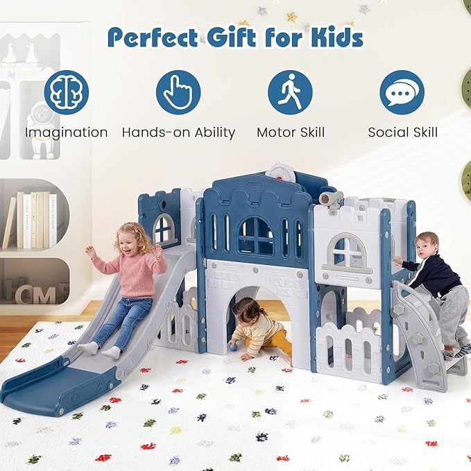 Costzon 8 in 1 Toddle Slide Playset, Freestanding Kids Slide w/Tunnel, Basketball Hoop, Toddler Climber Slide Playset Indoor Playground for Kids 1-3 w/Storage Space, Gifts for Boys Girls (Blue)