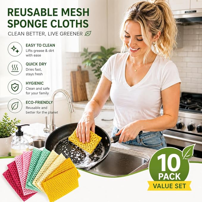 OliviaTree Dish Scrubber 10 Pack, Non Scratch Reusable Mesh Scrub Cloth for Dishes Pots Pans Sink, Quick Dry Odor Resistant Sponge Alternative, Korean Kitchen Cleaning Pad 11x11 Inch