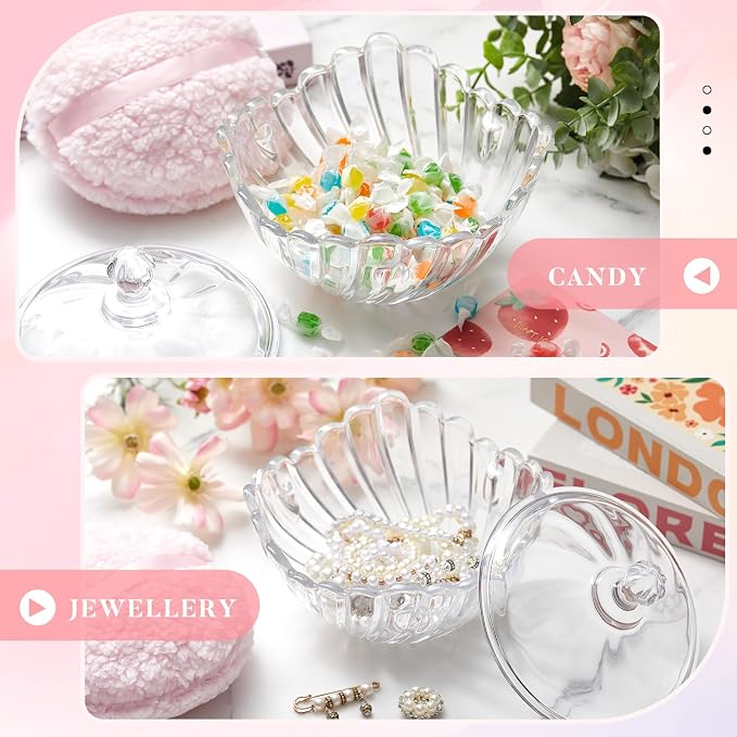 Tioncy 2 Pcs Extra Large Dusting Powder Puff and Container for Women-6'' Glass Crystal Dusting Powder Container Soft Washable Reusable Velour Face (Clear,Swirl)