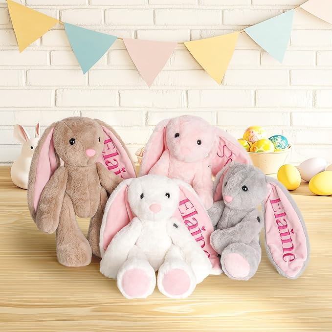 Custom Plush Bunny Toys with Child's Name, Embroidered Cute Bunny Stuffed Animals for Baby Toddlers 1-3 Years Old, Personalized Birthday Gift for Baby Girls Boys (Pink)