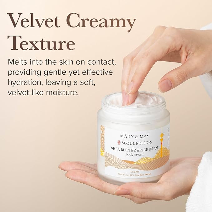 Mary&May 20% Shea Butter & Rice Bran Body Cream, 8.45 oz | Korean fragrance-free vegan body cream with 20% shea butter, rice bran & ceramide NP for dry, rough skin — non-greasy velvet