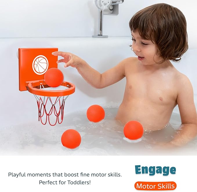 Bath Toys - Bathtub Basketball Hoop for Toddlers Kids | Suction Cups Baby Mini Basketball Hoop with 4 Soft Balls | Fun Bath Toy for Boys and Girls