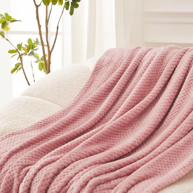 Exclusivo Mezcla Large Waffle Fleece Throw Blanket for Couch, Pink | Lightweight Soft Blanket for Sofa, Bed, Living Room, Plush Fluffy Throw for Home Decor, Travel, All Season, 50x70 Inches