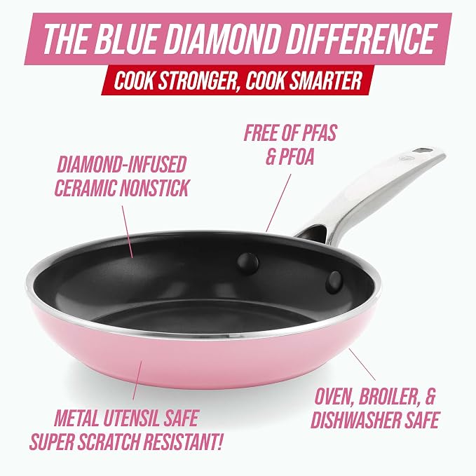 Blue Diamond 8" Diamond Infused Ceramic Nonstick Frying Pan Skillet, Pink | PFAS-Free Ceramic Nonstick, Dishwasher & Oven Safe, Stay Cool Handle, Durable Metal Utensil Safe, Egg & Omelet Pan