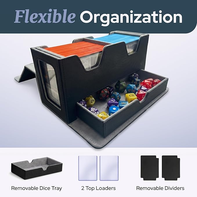 Card Deck Box Fits 200+ Double Sleeved，Commander Deck Box for Magic the Gathering with Dice Tray & Toploader Display,2 Dividers