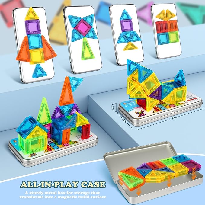 Magnetic Tiles Travel Toys for Kids Toddlers, MINI Magnetic Building Blocks Set with Iron Case, Portable Creativity Magnet Blocks & Game, Christmas Birthday Gifts for 3+ Years Girls Boys, 42PCS