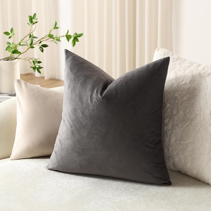 Throw Pillow Covers 22x22 Dark-Grey: Pack of 2 Cozy Soft Velvet Square Modern Luxury Decorative Throw Pillow Cases for Sofa Couch Living Room Bed Home Decor