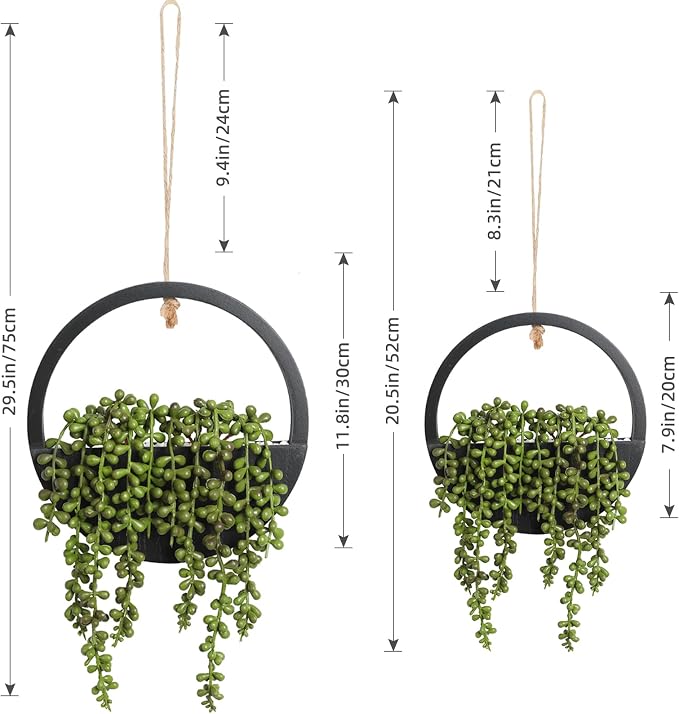2pcs Artificial Succulents Hanging Plants 20.1'' Fake String of Pearls in Pot with 9.4'' Lanyard for Indoor Outdoor Wall Decor (Black)