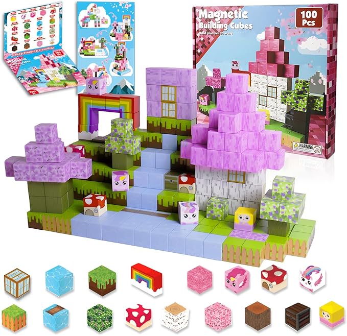Magnetic Blocks - 100 PCS Magnet Block Stacking Sensory STEM Outdoor Game for 3+ Years Old Boys&Girls Children Birthday Easter Gift, 3D Tiles Construction Weekends Toy Set, Castles and Rainbow