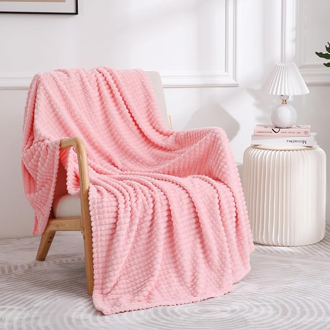 Puncuntex Fleece Throw Blanket Light Pink 60"×80" with Square Grid Design | Super Soft Plush Cozy Flannel Throw Blanket Luxury for Couch Sofa Chair