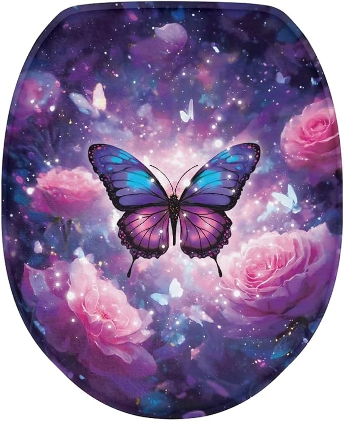 Purple Butterfly Toilet Lid Cover with Elastic Bottom for Bathroom Butterflies Toilet Seat Pads Universal Toilet Tank Cover Replacement Bathroom Dust Cover Replacement
