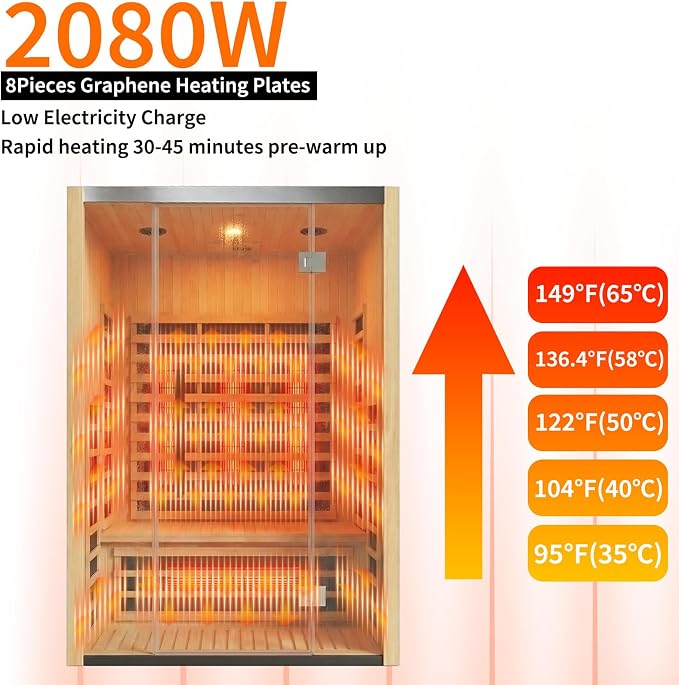 Home Infrared Sauna Room 1 Person Wooden Canadian Hemlock 1260W Low Magnetic Graphene Carbon Plate Heater Indoor Saunas (2-3 Person 47.24 * 41.34 * 74.8in)