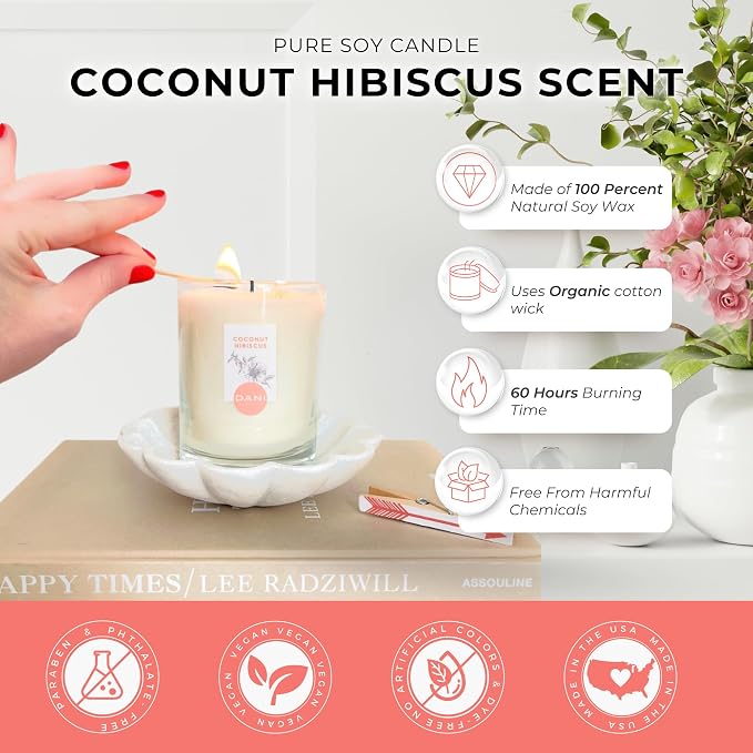 DANI Naturals Coconut Hibiscus 100% Soy Wax Candle, Non-Toxic, 7.5oz | Vegan, soy wax candle,Clean-burning with organic cotton wick,Tropical coconut hibiscus scent,Made in USA