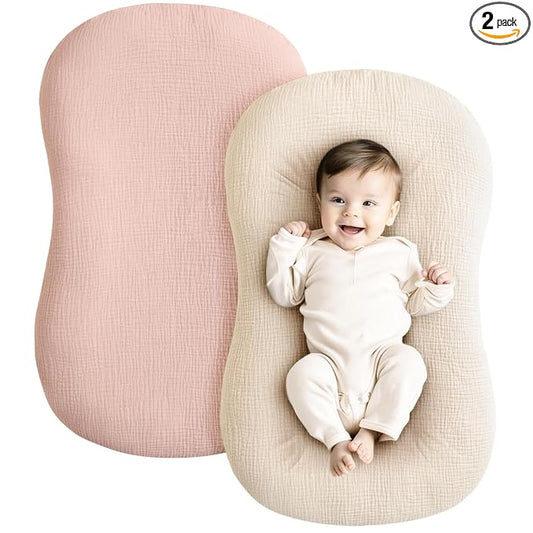 Konssy Muslin Baby Lounger Cover 2 Pack, 100% Cotton Newborn Lounger Cover, Soft and Breathable Baby Nest Slipcover for Boys Girls (Pink,Wheat)
