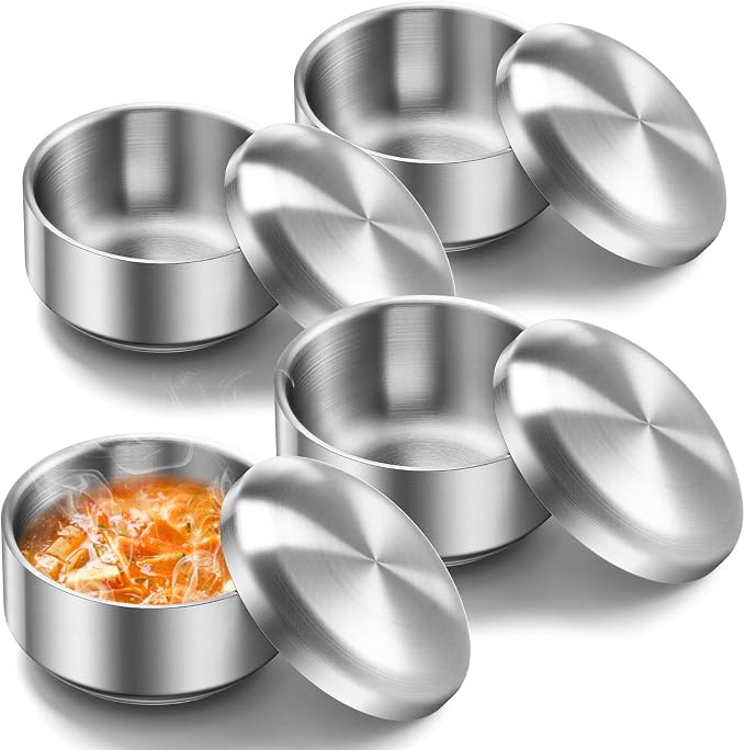 Reallnaive 4 Sets 17 oz Stainless Steel Korean Soup Rice Insulated Bowl with Lid for Metal Cereal Kitchen Restaurant Double Walled Anti Scalding Bowls for Soup Salad Noodles
