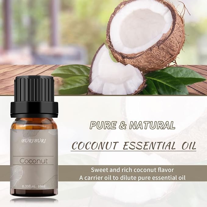 BURIBURI Coconut Essential Oil, Premium Grade Scented Oil 10ml Coconut Fragrance Oil Carrier Oil for Diffusers, Massage, Candle Making Soap Making